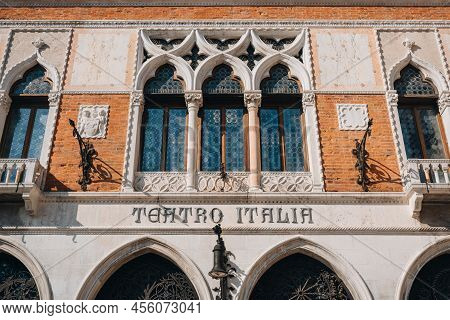 Venice, Italy - May 21, 2022: Teatro Italia Name Sign On The Front Of A Theatre In Venice, Capital O