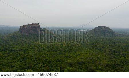 Sigiriya Rock And Pidurangala Rock Near Dambulla In Sri Lanka. Green Rainforest And Jungle.