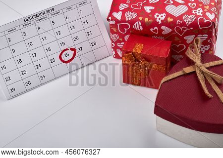 26 Of December Marked In Calendar. Time To Open Christmas Gifts. Boxing Day Concept. Red Presents An