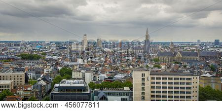 Antwerp, Belgium, June 2022: Panorama View On The Skyline Of Antwerp, Belgium With Cathedral, Boeren