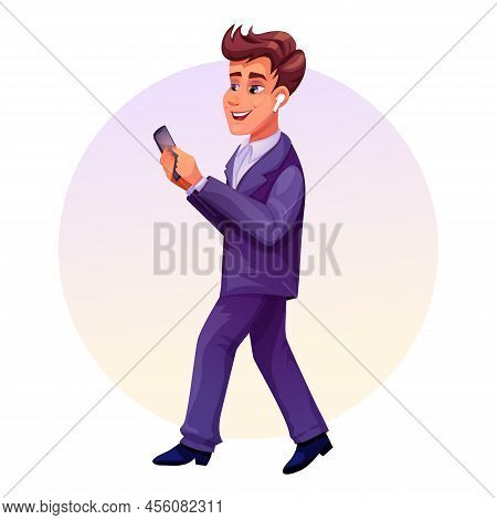 A Businessman In A Suit With A Smartphone Vector Illustration In Cartoon Style. A Template For Card,