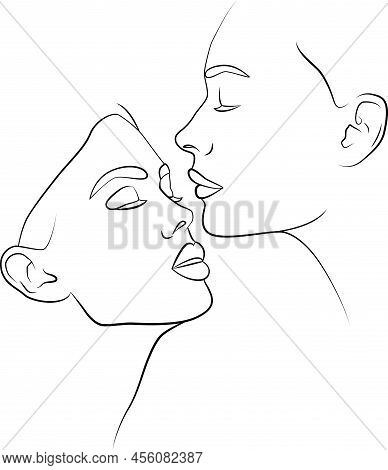 Two Faces In One Line. A Continuous Line, Two Female Faces. Abstract, Modern Art. Fashion Concept, O