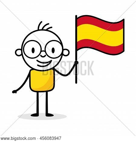 Man Holding Flag Of Spain Isolated On White Background. Hand Drawn Doodle Line Art Man. Concept Of C