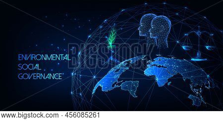 Concept Of Esg Environmental Social Governance In Futuristic Glowing Low Poly Style On Dark Blue