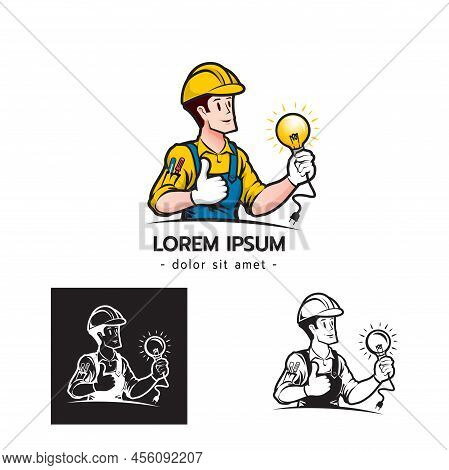 Electrician Services Logo Template. Electrician Cartoon Mascot Holding  Light Bulb Logo On White Bac