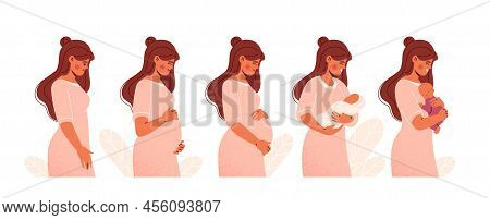 Pregnancy Calendar Concept. Woman Goes Through All Stages Of Pregnancy From Conception To Childbirth