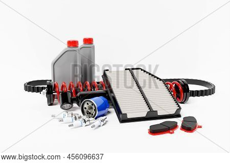 3d Illustration Of Auto Parts Car Shock Absorber, Oil Canister, Fuel And Air Filters On White  Isola