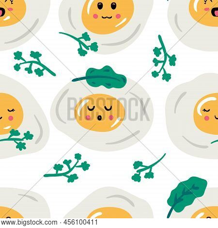 Fried Eggs And Parsley Greens Seamless Pattern. Cute Characters Print For Nursery And Baby Fashion. 