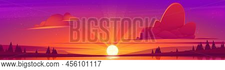 Lake, Clouds On Red Sky, Trees Silhouettes On Coast And Sun On Horizon. Vector Cartoon Illustration 