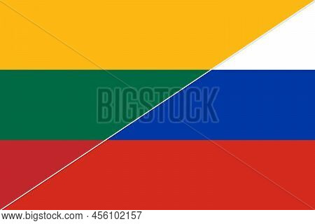 Conflict Between Russia And Lithuania War Concept. Russian And Lithuanian Flag Background.