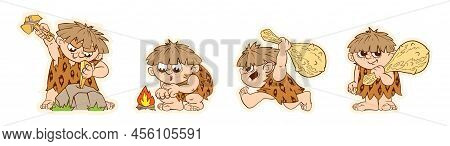 A Set Of Funny Stickers Of A Prehistoric Primitive Man, Dynamic Figures Of A Character In A Cartoon 