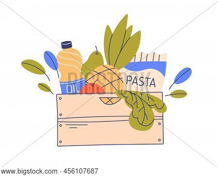 Fresh Groceries, Food Products In Wood Crate. Purchases, Fruits, Pasta, Oil In Wooden Box. Package C