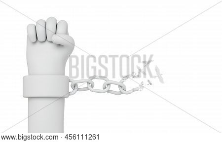 Cartoon Style Hand Breaking Free From Chains. Chain Turns To Birds. 3d Rendering