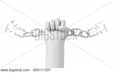Cartoon Style Hand Breaking Free From Chains. Chain Turns To Birds. 3d Rendering