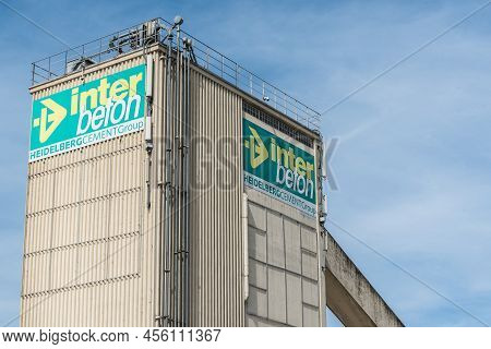 Laeken, Brussels Capital Region - Belgium - 04 17 2020 Tower Of The Industrial Site Of Inter Beton, 