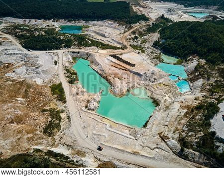 Aerial View Quarry Extraction Porcelain Clay, Kaolin, With Turquoise Water