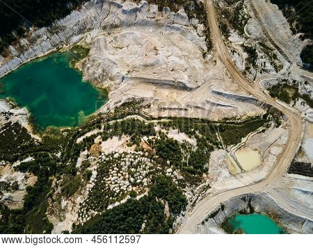 Aerial View Quarry Extraction Porcelain Clay, Kaolin, With Turquoise Water