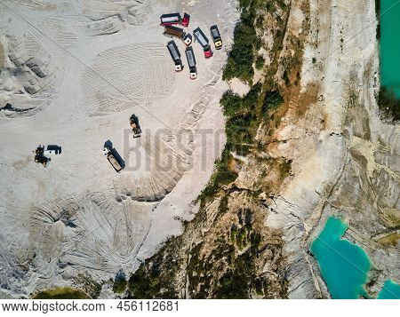 Aerial View Trucks Near Quarry Extraction Porcelain Clay, Kaolin