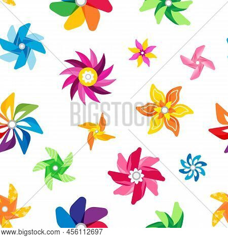 Pinwheel Pattern. Seamless Print Of Colorful Summer Children Toy, Fan Spinner Propelled By Wind. Vec