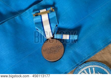 Richmond, North Yorkshire - March 4, 2022: Overhead Shot Of The Back Of A United Nations Peacekeeper