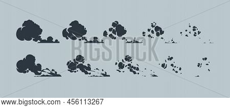 Run Dust Effect. Cartoon Fast Move Smoke Trace Animation Kit, Steam Motion 2d Game Sprite Asset. Vec