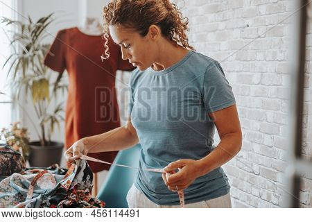 Woman Working At Home In Tailoring Creative Studio Diy Hobby. Adult Female People Have Leisure Time 