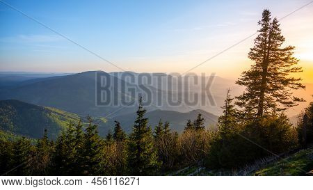 Panoramic Sunset View Of Beskid Mountains From Lysa Mountain, Czech Republic