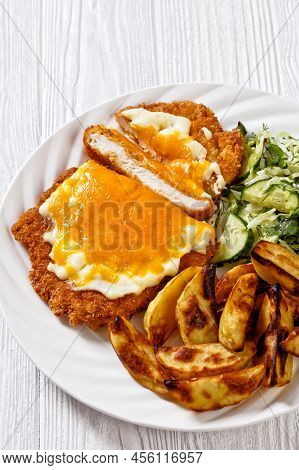 Chicken Parmo, Chicken Breast Cutlet Deep-fried In Breadcrumbs, Slathered With Bechamel Sauce And Me