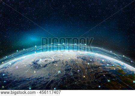 A Global Social, Information Network Across The Planet. The Earth Is Surrounded By A Web Of Digital 