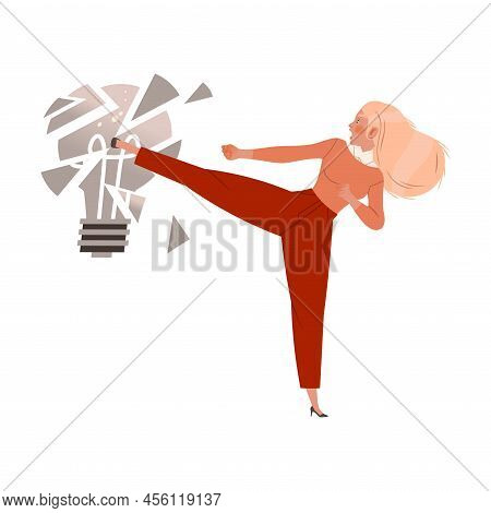 Woman Breaking Blown Light Bulb As Lack Of Idea And Solution Vector Illustration