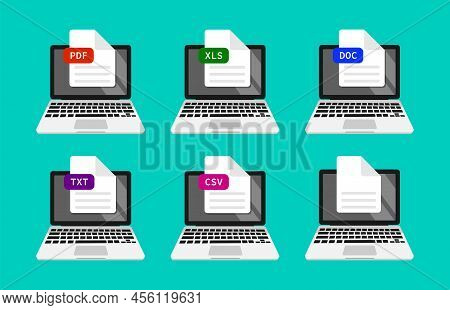 Icons Of Computer With Download Document, File Formats For Web. Design Of Symbols, Signs Of Flat Lap