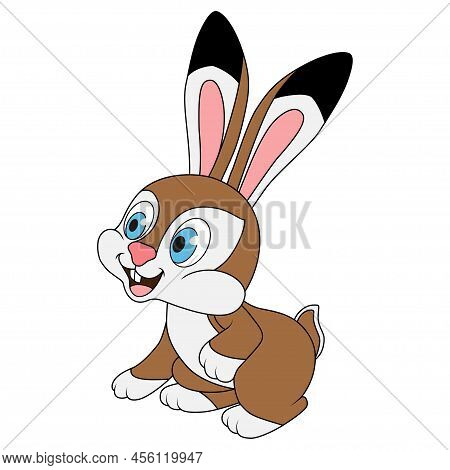 Young Hare Sits And Looks Ahead. Cartoon Character Rabbit Isolated On White Background. Education Ca