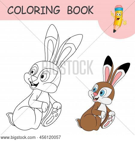 Coloring Book With Cartoon Hare Sits And Looks Back. Colorless And Color Samples Of Cartoon Easter R