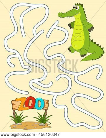 Logic Game For Kids. Help The Alligator Find The Pathway To Zoo. Entry And Exit. Labyrinth With Solu