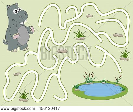 Logic Game For Kids. Help The Hippopotamus Find The Pathway To Water. Entry And Exit. Labyrinth With