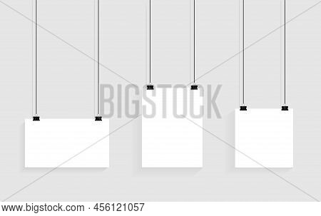 Blank Paper And Poster. Template And Blank Sheet. White Page Illustration And Frame On A Rope. Desig