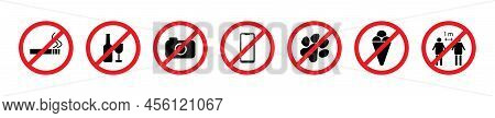 Forbidden Icons Of Cigarette, Alcohol, Drink, Dog, Camera, Telephone. Set Of Prohibited Sings. Ban S