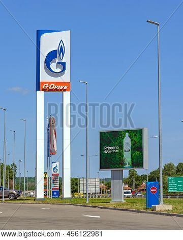 Velika Plana, Serbia - May 26, 2022: Russian Oil Company Gazprom Neft Petrol Station Tower At Serbia