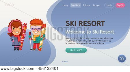Welcome To Ski Resort Website Template. Illustration Of A Cartoon Kiers, Skaters And Snowboarders.