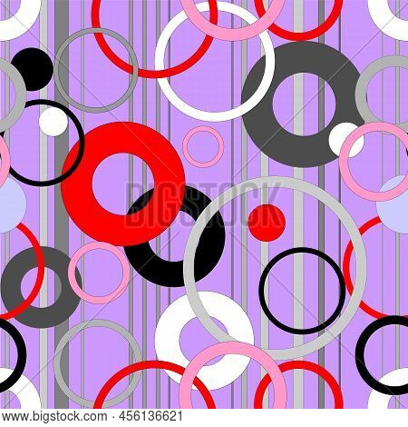 Geometric Seamless Pattern Of Multicolored Krogs On A Lilac Striped Background, Texture, Design