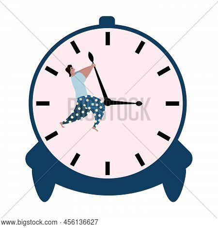 A Man In Pajamas Is Trying To Stop Time. The Guy Is Holding The Clock Hand On The Alarm Clock. Illus