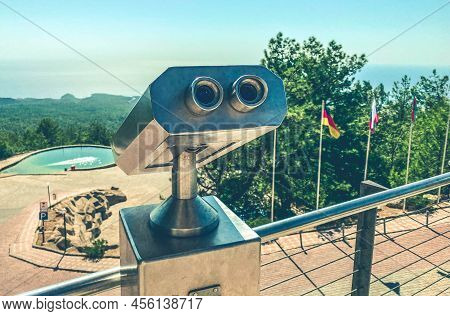 Optical Device, Panoramic Mountain View Binoculars. Inspection Of The Surroundings From A Height, Lo