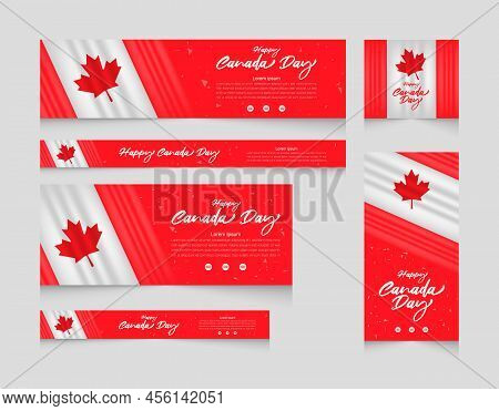 Happy Canada Day Vector Holiday Web Banner Set With Flab Waving And Red Color Background Design
