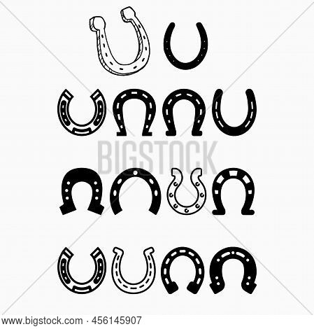 Horseshoe Vector Sketch Icons Set. Isolated Horse Metal Retro Shoe For Mustang Or Stallion Hoof Forg
