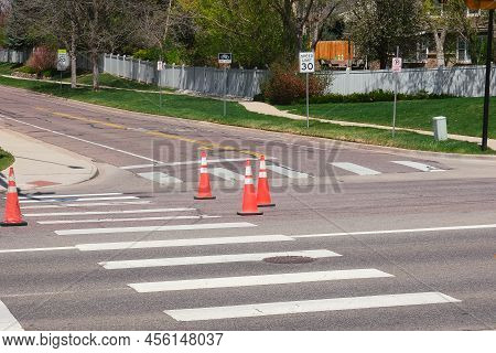 Orange Road Construction Safety Traffic Cones During Road Repair Construction Maintenance Work At Cr