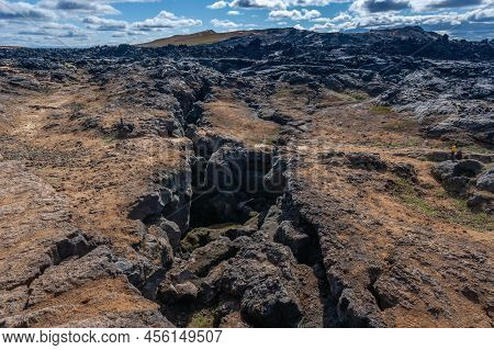 Beautiful Colourful Icelandic Landscape Lava Fields Mountain Geysers Zigzag Road And Moss-covered St