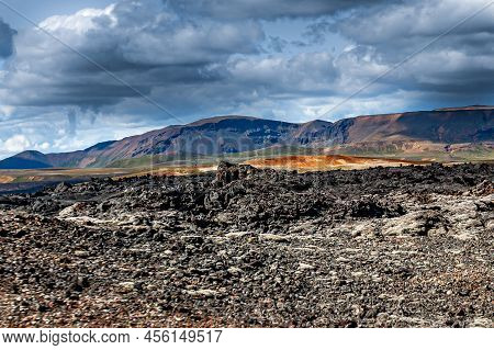 Beautiful Colourful Icelandic Landscape Lava Fields Mountain Geysers Zigzag Road And Moss-covered St