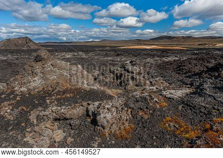 Beautiful Colourful Icelandic Landscape Lava Fields Mountain Geysers Zigzag Road And Moss-covered St