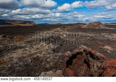 Beautiful Colourful Icelandic Landscape Lava Fields Mountain Geysers Zigzag Road And Moss-covered St
