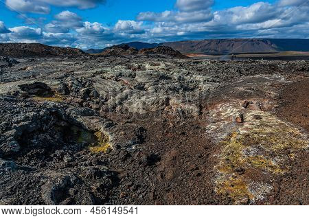 Beautiful Colourful Icelandic Landscape Lava Fields Mountain Geysers Zigzag Road And Moss-covered St